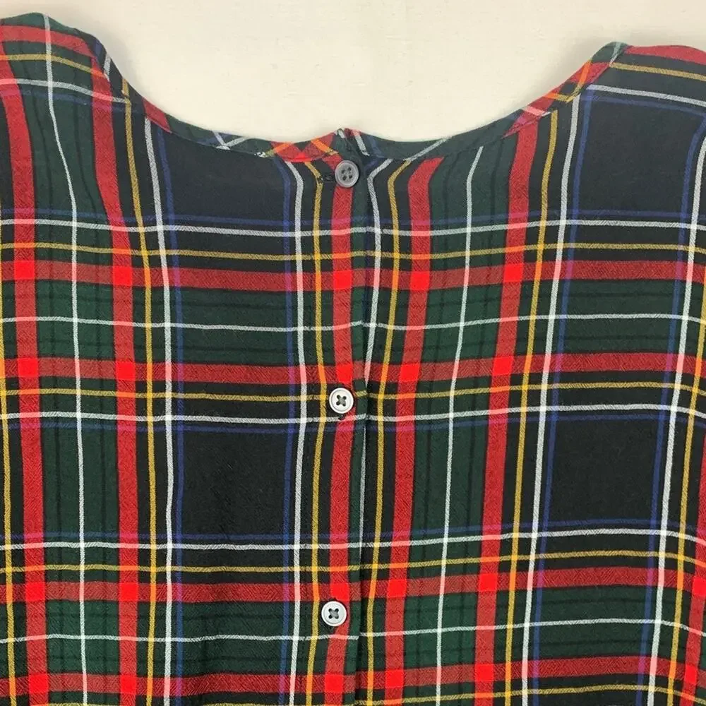 Loft size small red Plaid puff sleeve shirt button back holiday